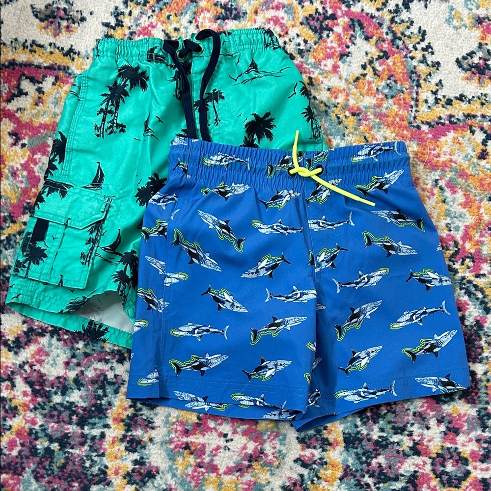 Green Tropical and Blue Shark Print Bathing Suits